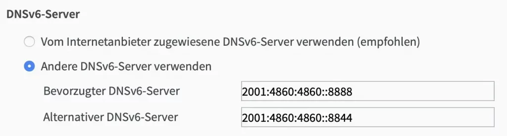 FRITZ!Box Google DNSv4 entered